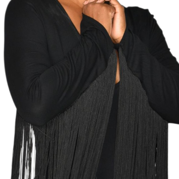 ASOS Fringe Bodysuit Black Plunge V Neck Long Sleeve Stretch Statement Blouse 6 - Picture 5 of 13